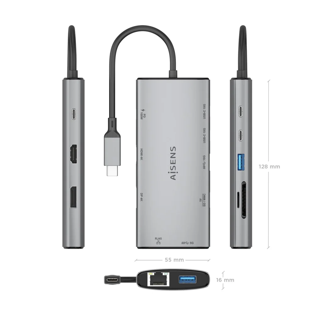 Docking Station AISENS ASUC-10P050-GR USB-C 10-em-1 HDMI 4K DisplayPort RJ45 PD 100W Cinzento - Imagem 4