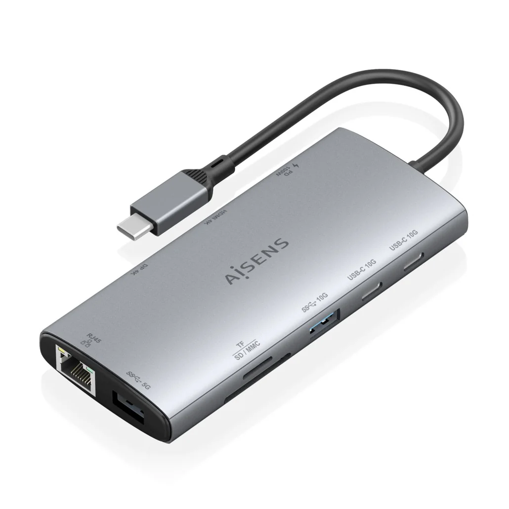 Docking Station AISENS ASUC-10P050-GR USB-C 10-em-1 HDMI 4K DisplayPort RJ45 PD 100W Cinzento