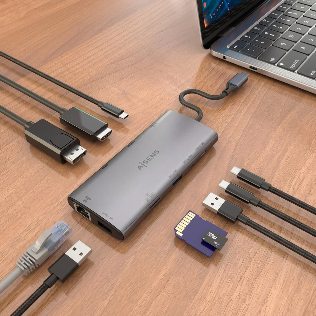 Docking Station AISENS ASUC-10P050-GR USB-C 10-em-1 HDMI 4K DisplayPort RJ45 PD 100W Cinzento - Imagem 6
