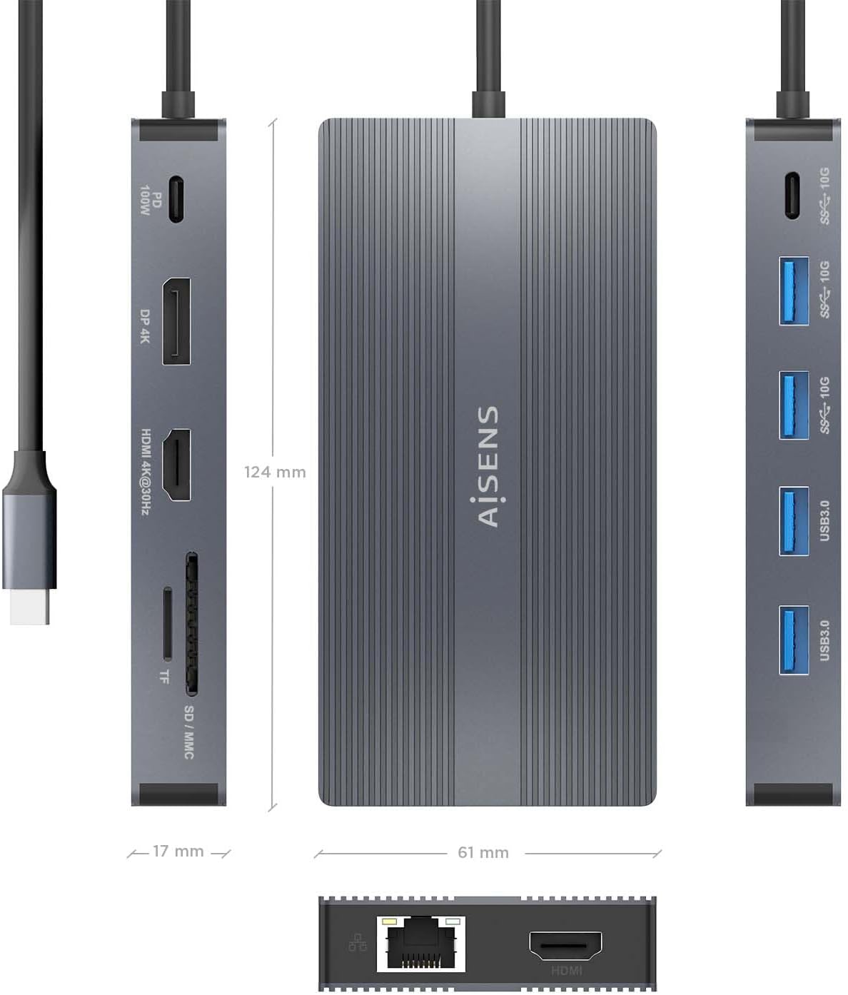 Docking USB Tipo-C Aisens ASUC-12P017-GR/ 2xHDMI 4K/ 4xUSB/ 1xUSB Tipo-C/ 1xRJ45/ 1xDisplayPort/ 1xLeitor de Cartões/ 1xUSB Tipo-C PD/ Cinzento - Imagem 4