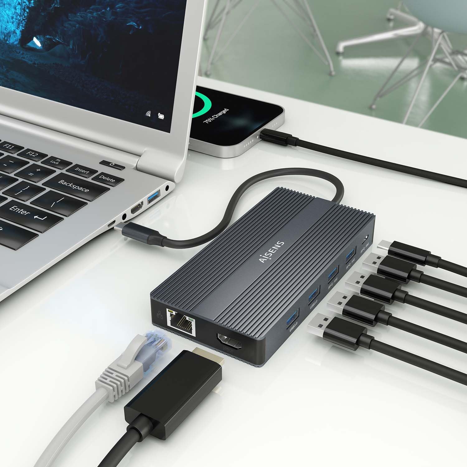 Docking USB Tipo-C Aisens ASUC-12P017-GR/ 2xHDMI 4K/ 4xUSB/ 1xUSB Tipo-C/ 1xRJ45/ 1xDisplayPort/ 1xLeitor de Cartões/ 1xUSB Tipo-C PD/ Cinzento - Imagem 5