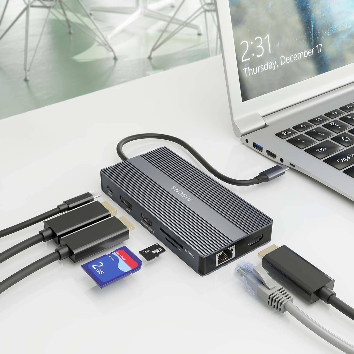 Docking USB Tipo-C Aisens ASUC-12P017-GR/ 2xHDMI 4K/ 4xUSB/ 1xUSB Tipo-C/ 1xRJ45/ 1xDisplayPort/ 1xLeitor de Cartões/ 1xUSB Tipo-C PD/ Cinzento - Imagem 6
