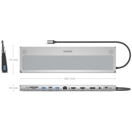 Docking USB Tipo-C Aisens ASUC-12P020-GR/ 2xHDMI 4K/ 3xUSB/ 1xUSB Tipo-C/ 1xRJ45/ 1xDisplayPort/ 1xLeitor de Cartões/ 1xUSB Tipo-C PD/ Cinza - Imagem 4