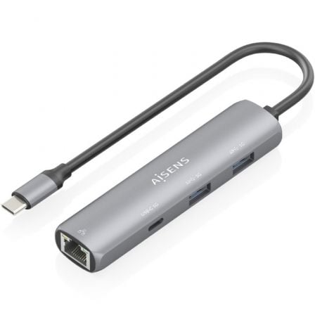 Hub USB Tipo-C Aisens ASUC-4P038-GR/ 1xUSB Tipo-C/ 2xUSB/ 1xRJ45/ Cinzento