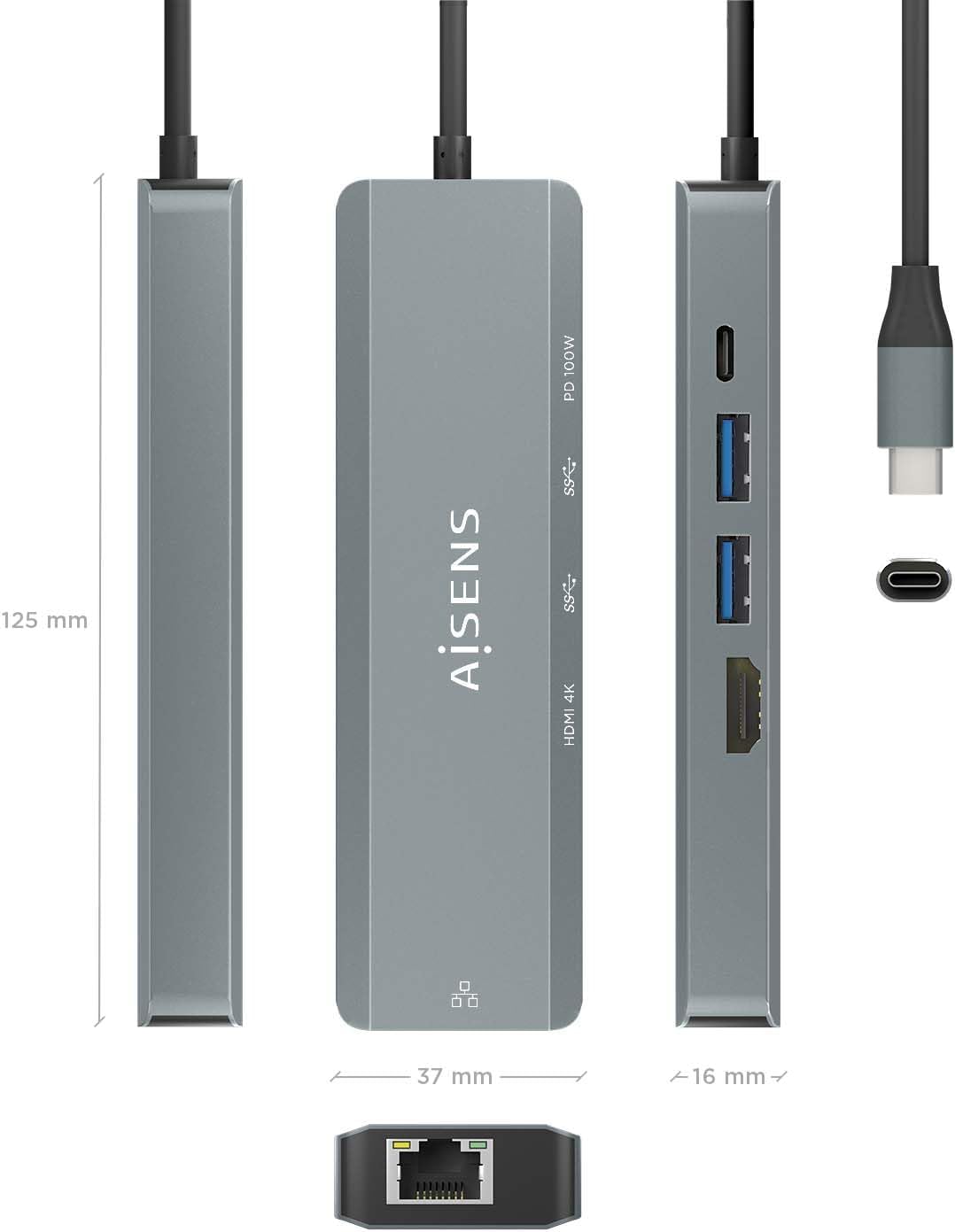 Docking USB Tipo-C Aisens ASUC-5P011-GR/ 1xHDMI 4K/ 2xUSB/ 1xRJ45/ 1xUSB Tipo-C/ 1xUSB Tipo-C PD/ Cinzento - Imagem 4