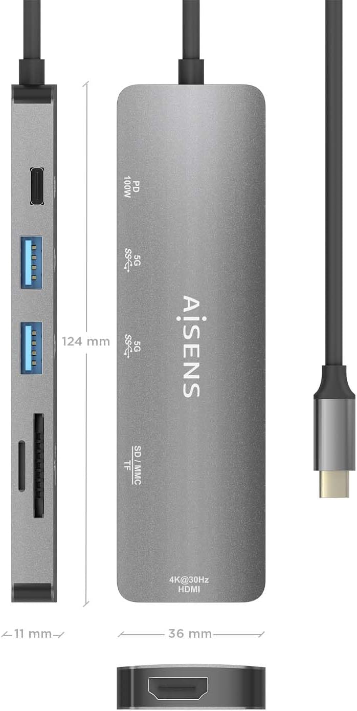 Docking USB Tipo-C Aisens ASUC-6P016-GR/ 1xHDMI 4K/ 2xUSB/ 1xLeitor Cartões/ 1xUSB Tipo-C PD/ Cinzento - Imagem 4