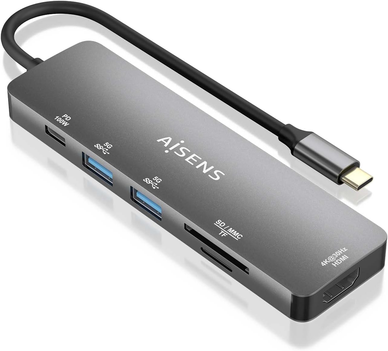Docking USB Tipo-C Aisens ASUC-6P016-GR/ 1xHDMI 4K/ 2xUSB/ 1xLeitor Cartões/ 1xUSB Tipo-C PD/ Cinzento