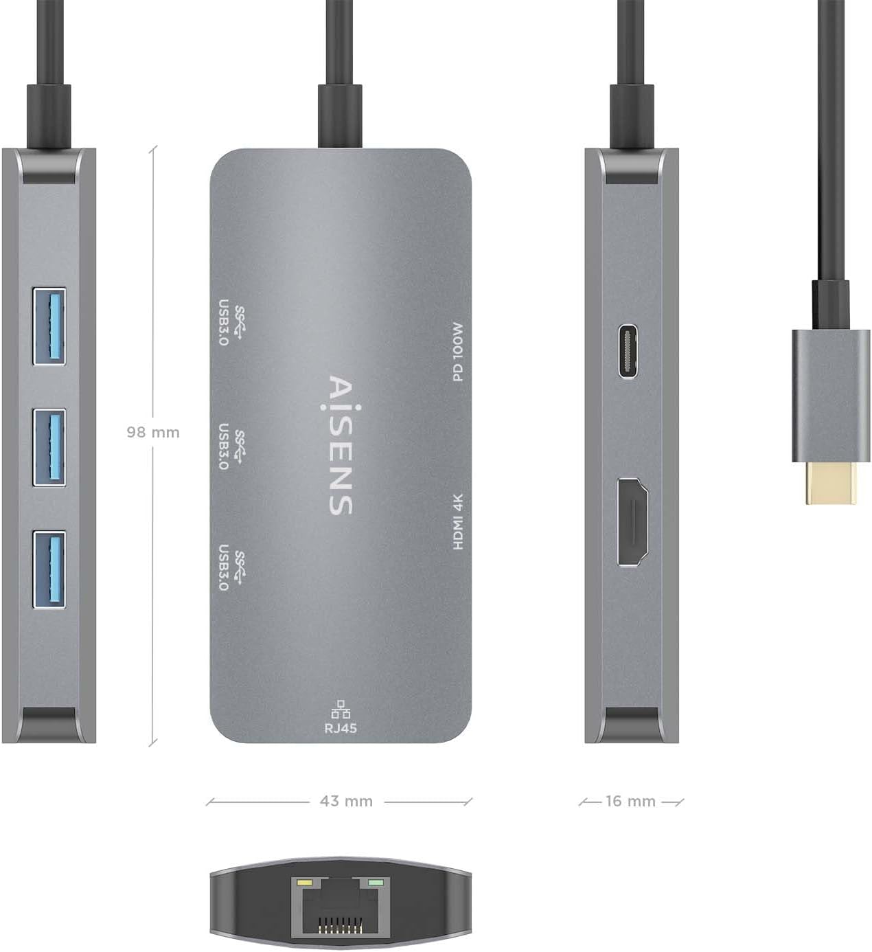 Docking USB Tipo-C Aisens ASUC-6P019-GR/ 1xHDMI 4K/ 3xUSB/ 1xRJ45/ 1xUSB Tipo-C PD/ Cinzento - Imagem 4