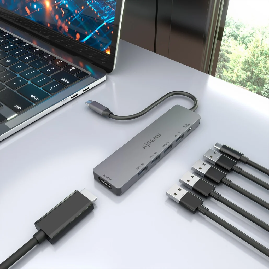 Docking Station AISENS ASUC-6P047-GR USB-C 6 em 1 HDMI 4K 4x USB-A USB-C PD 100W Cinzento - Imagem 6