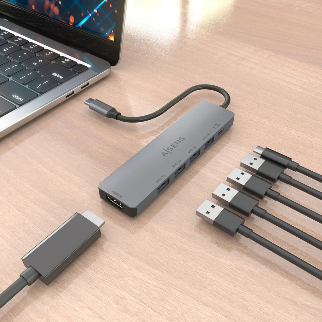 Docking Station AISENS ASUC-6P047-GR USB-C 6 em 1 HDMI 4K 4x USB-A USB-C PD 100W Cinzento - Imagem 5