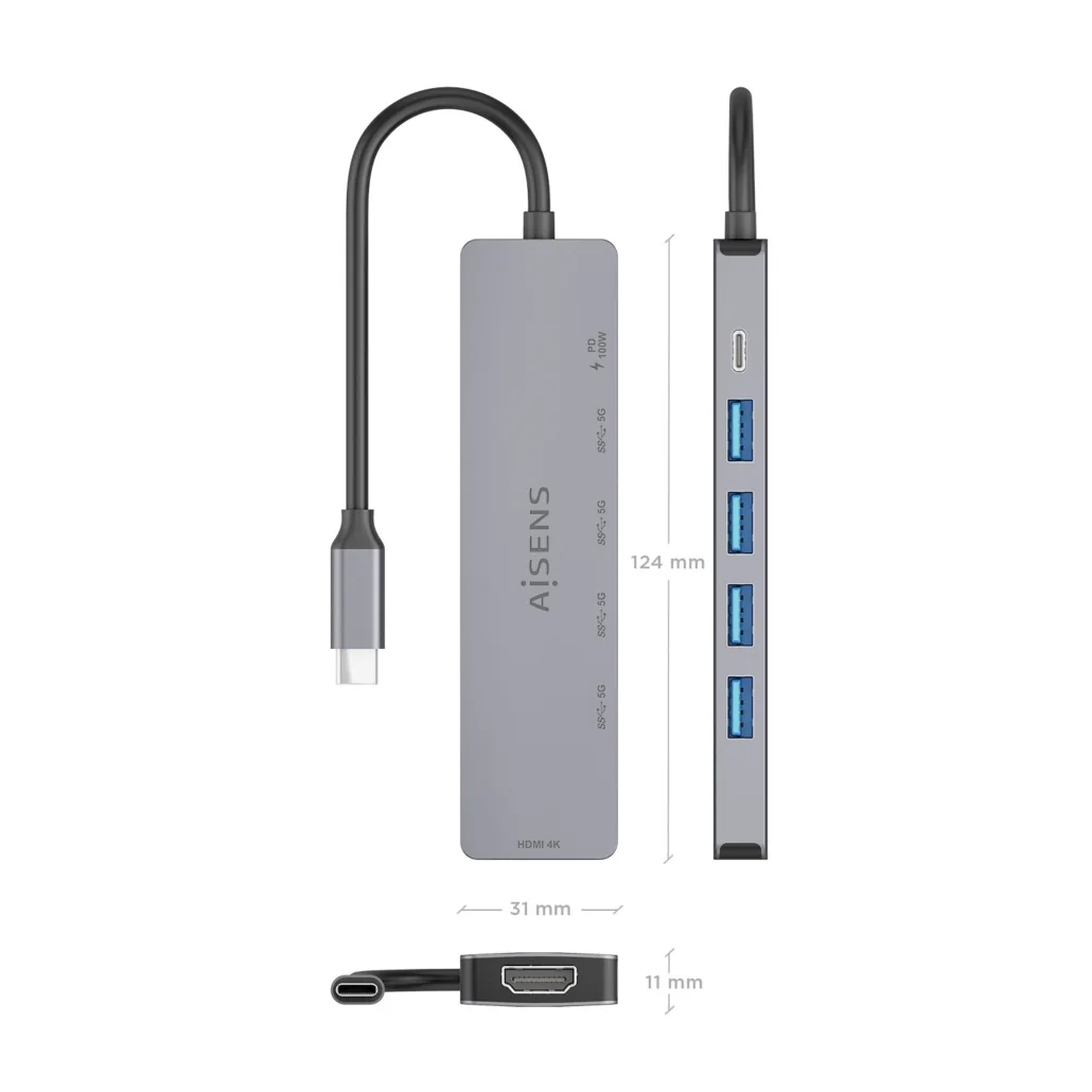 Docking Station AISENS ASUC-6P047-GR USB-C 6 em 1 HDMI 4K 4x USB-A USB-C PD 100W Cinzento - Imagem 4