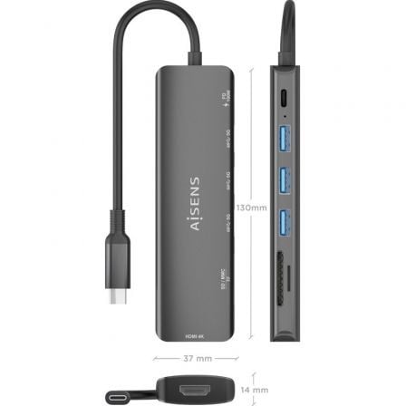 Docking USB Tipo-C Aisens ASUC-7P025-GR/ 1xHDMI 4K/ 3xUSB/ 1xUSB Tipo-C PD/ 1xLeitor de Cartões/ Cinzento - Imagem 4