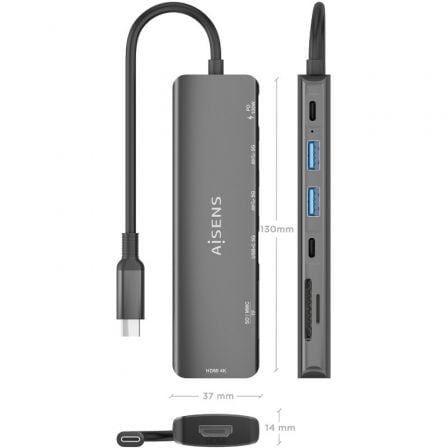 Docking USB Tipo-C Aisens ASUC-7P026-GR/ 1xHDMI 4K/ 2xUSB/ 1xUSB Tipo-C / 1xUSB Tipo-C PD/ 1xLeitor Cartões/ Cinzento - Imagem 4