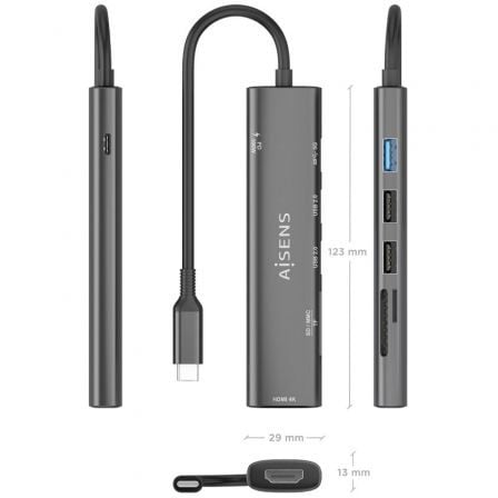 Docking USB Tipo-C Aisens ASUC-7P025-GR/ 1xHDMI 4K/ 3xUSB/ 1xUSB Tipo-C PD/ 1xLeitor de Cartões/ Cinzento - Imagem 4
