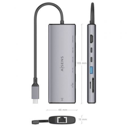 Docking USB Tipo-C Aisens ASUC-7P032-GR/ 1xHDMI 4K/ 1xUSB/ 2xUSB Tipo-C/ 1xRJ45/ 1xLeitor Cartões/ Cinzento - Imagem 4