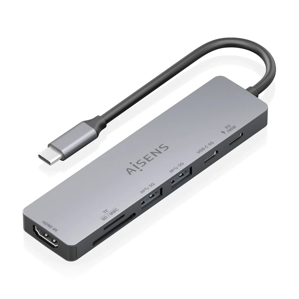 Docking Station AISENS ASUC-7P048-GR USB-C 7-em-1 HDMI 4K 60Hz 100W PD SD MicroSD Cinzento