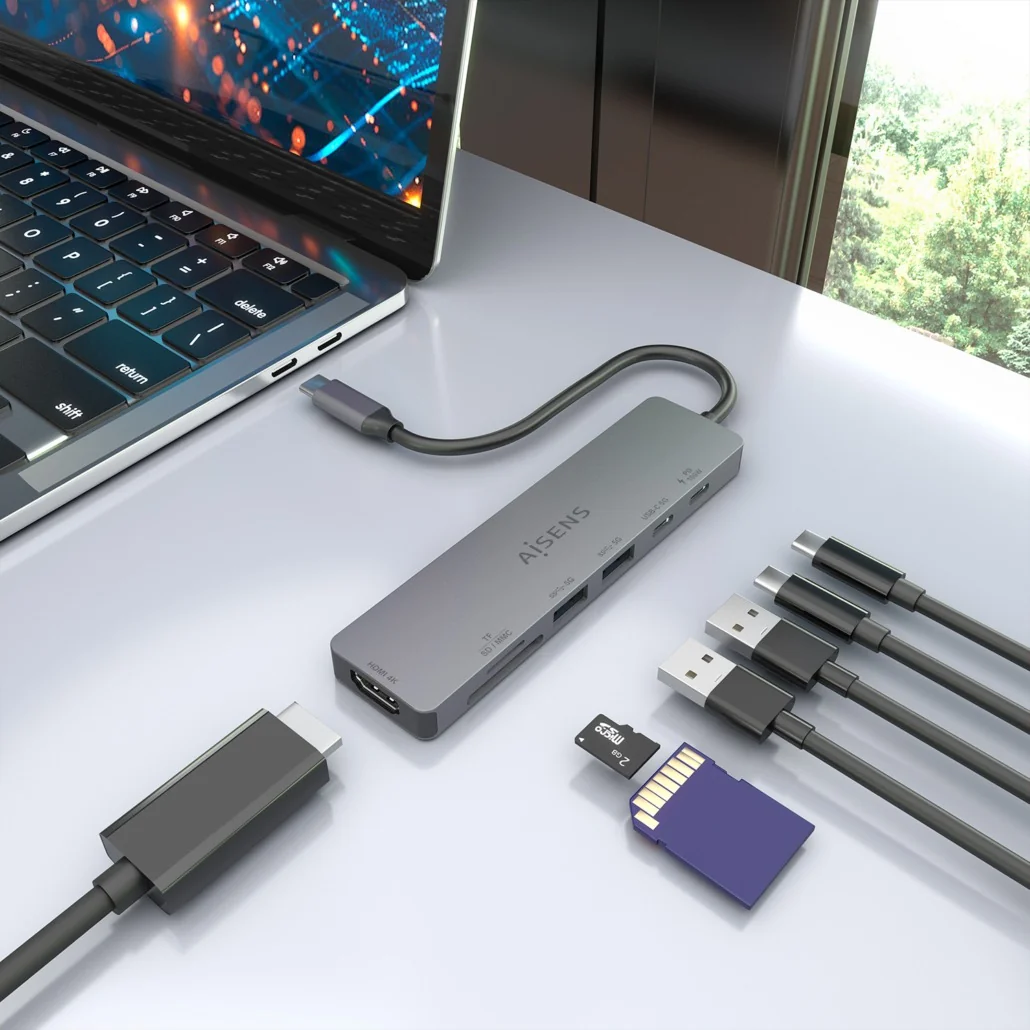 Docking Station AISENS ASUC-7P048-GR USB-C 7-em-1 HDMI 4K 60Hz 100W PD SD MicroSD Cinzento - Imagem 6