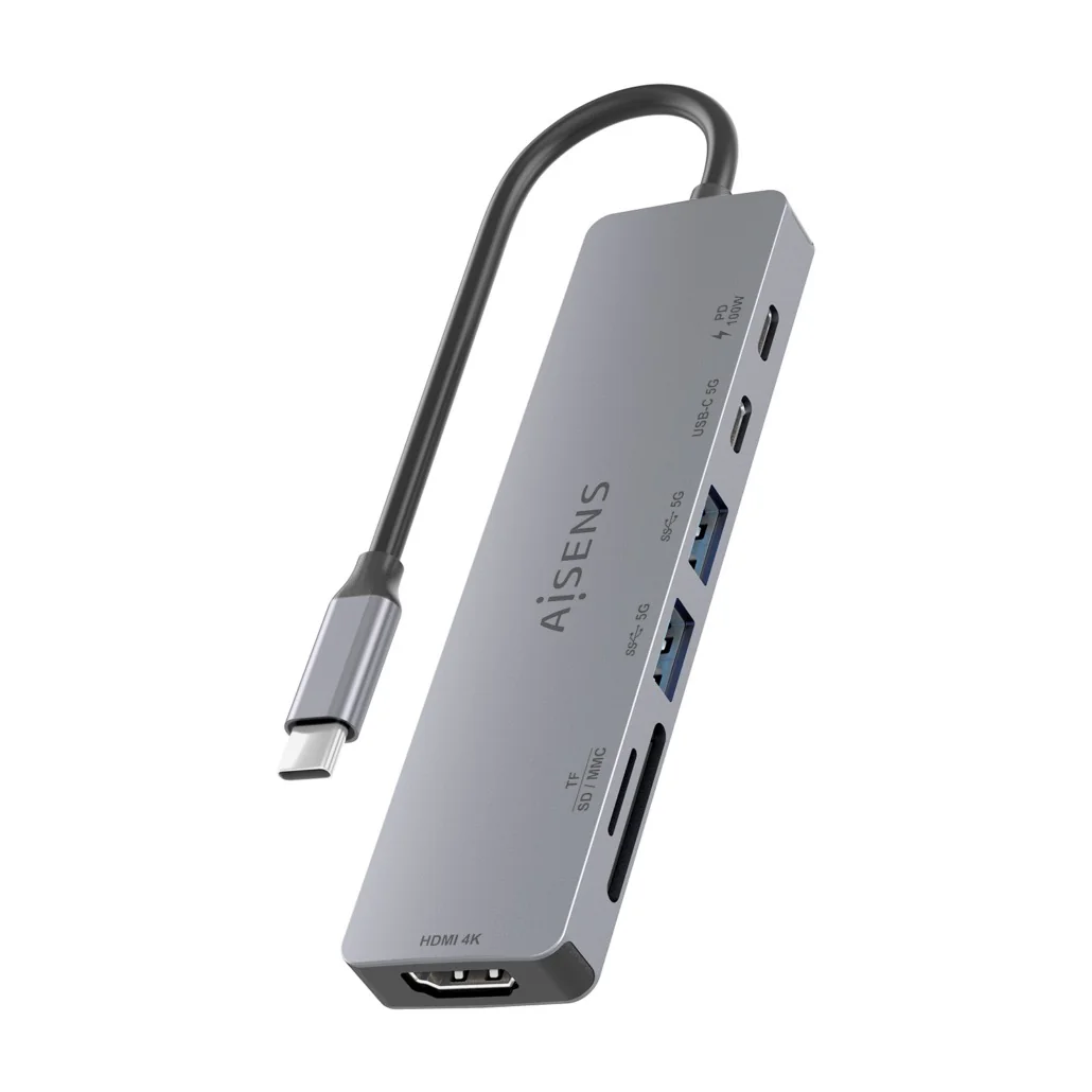 Docking Station AISENS ASUC-7P048-GR USB-C 7-em-1 HDMI 4K 60Hz 100W PD SD MicroSD Cinzento - Imagem 3