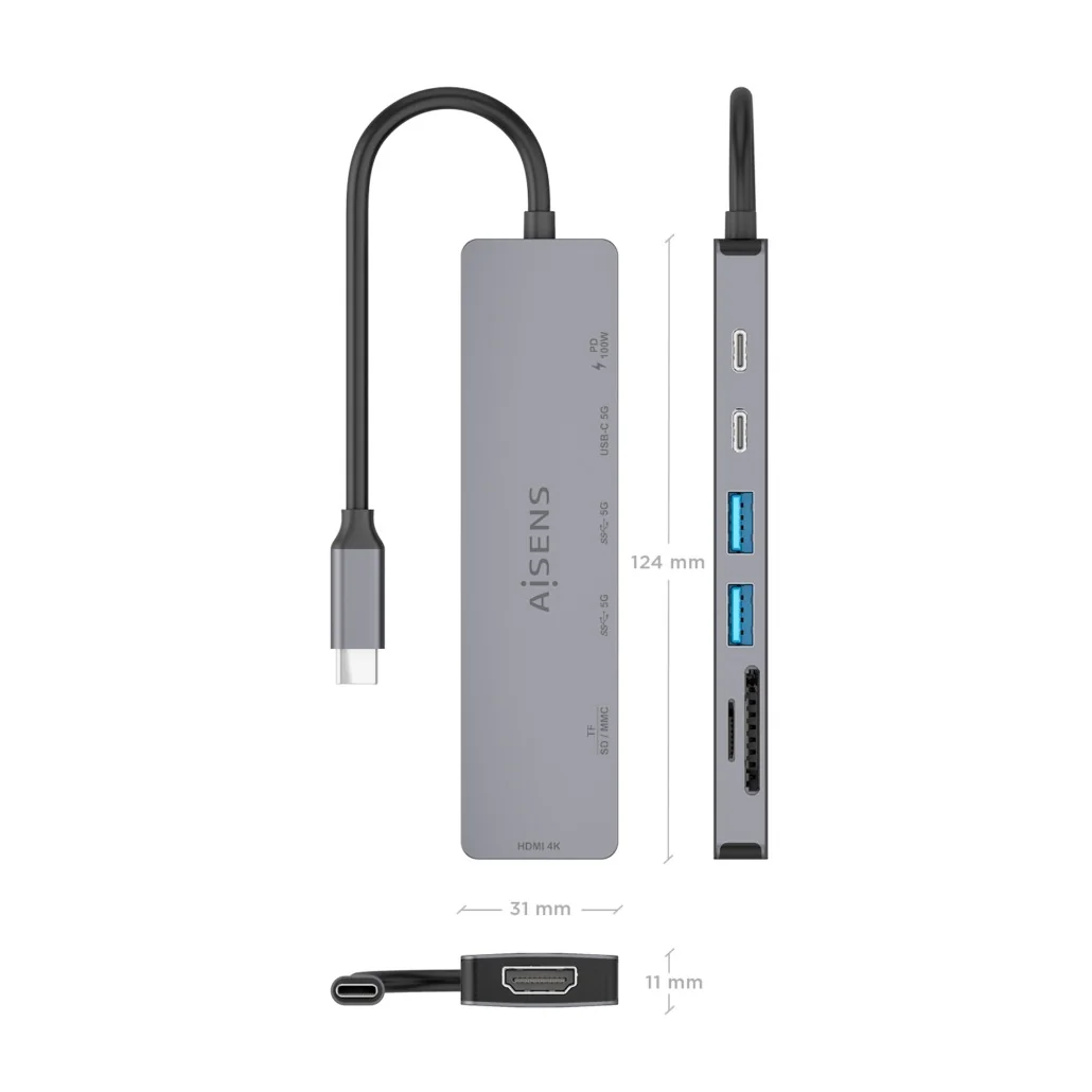 Docking Station AISENS ASUC-7P048-GR USB-C 7-em-1 HDMI 4K 60Hz 100W PD SD MicroSD Cinzento - Imagem 4