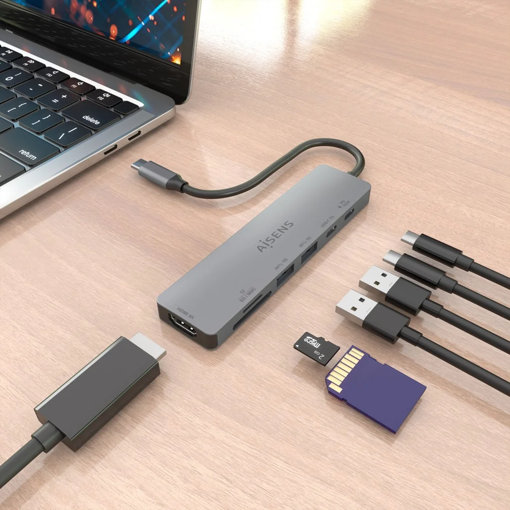 Docking Station AISENS ASUC-7P048-GR USB-C 7-em-1 HDMI 4K 60Hz 100W PD SD MicroSD Cinzento - Imagem 5
