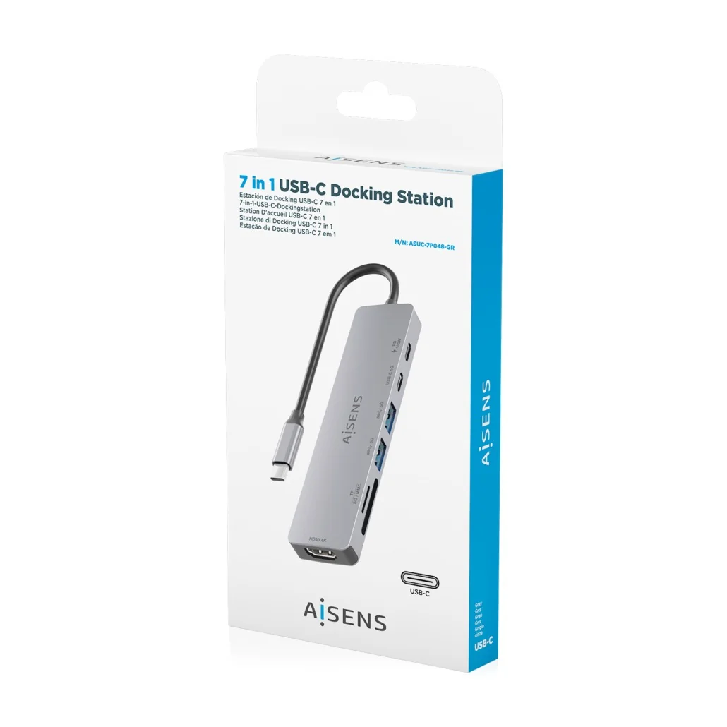 Docking Station AISENS ASUC-7P048-GR USB-C 7-em-1 HDMI 4K 60Hz 100W PD SD MicroSD Cinzento - Imagem 7