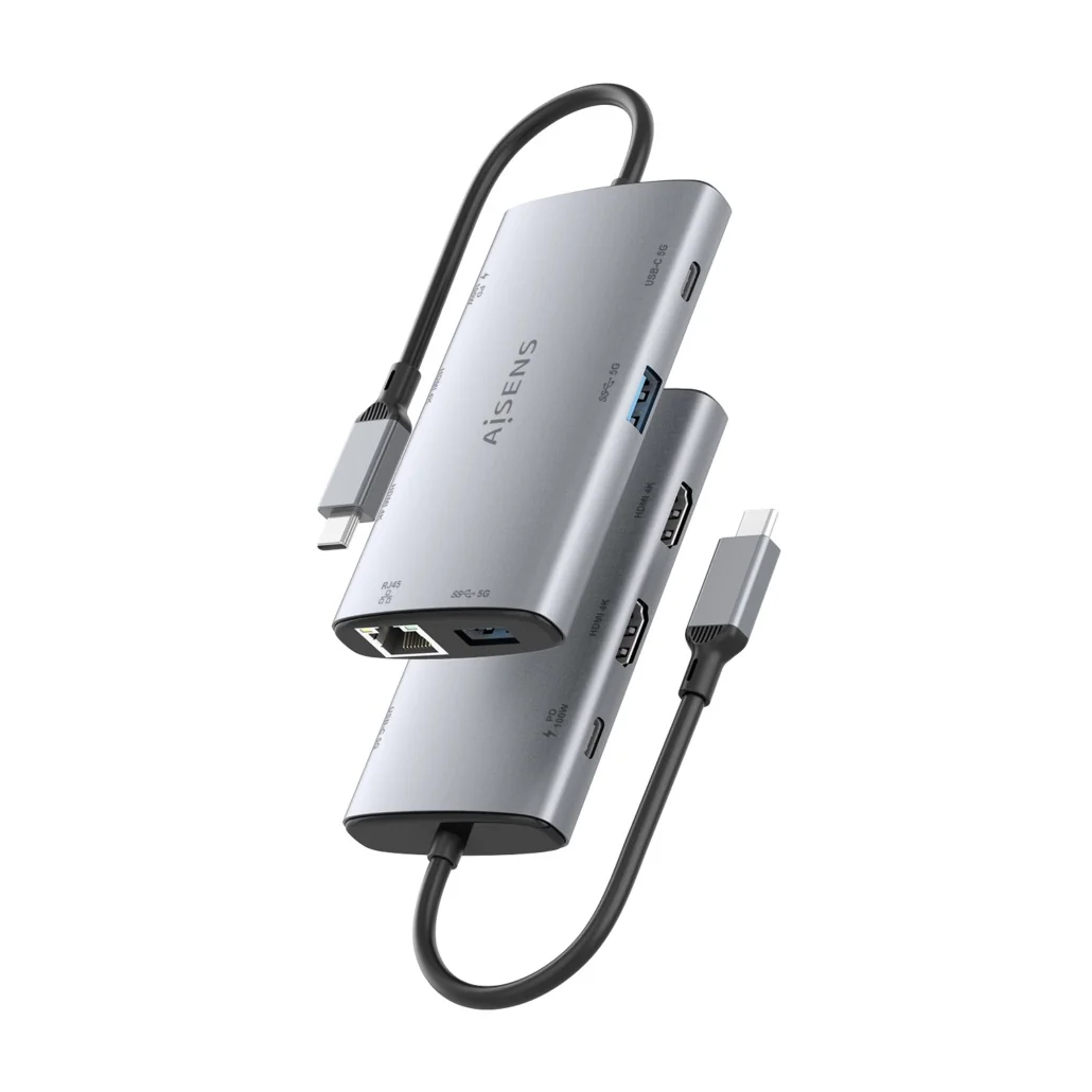 Docking Station Aisens ASUC-7P049-GR USB-C 7 em 1 2x HDMI 4K RJ45 USB 3.0 PD 100W Cinzento - Imagem 3