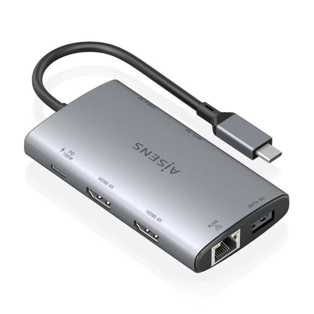 Docking Station Aisens ASUC-7P049-GR USB-C 7 em 1 2x HDMI 4K RJ45 USB 3.0 PD 100W Cinzento - Imagem 2