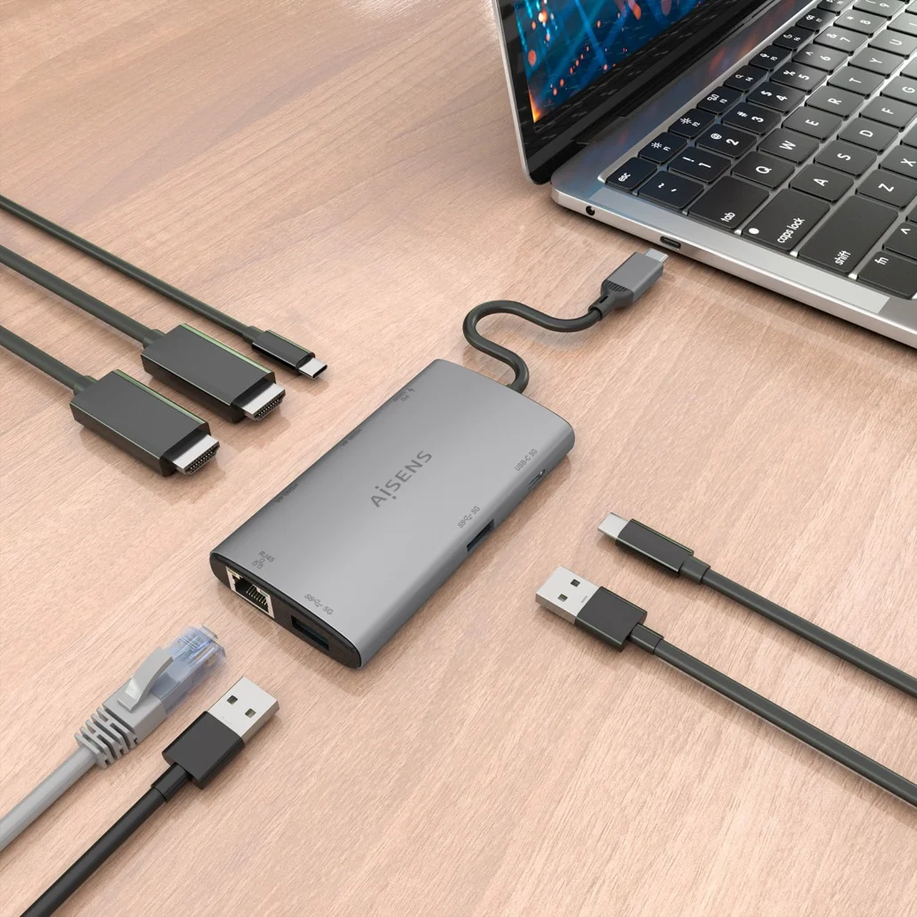 Docking Station Aisens ASUC-7P049-GR USB-C 7 em 1 2x HDMI 4K RJ45 USB 3.0 PD 100W Cinzento - Imagem 6