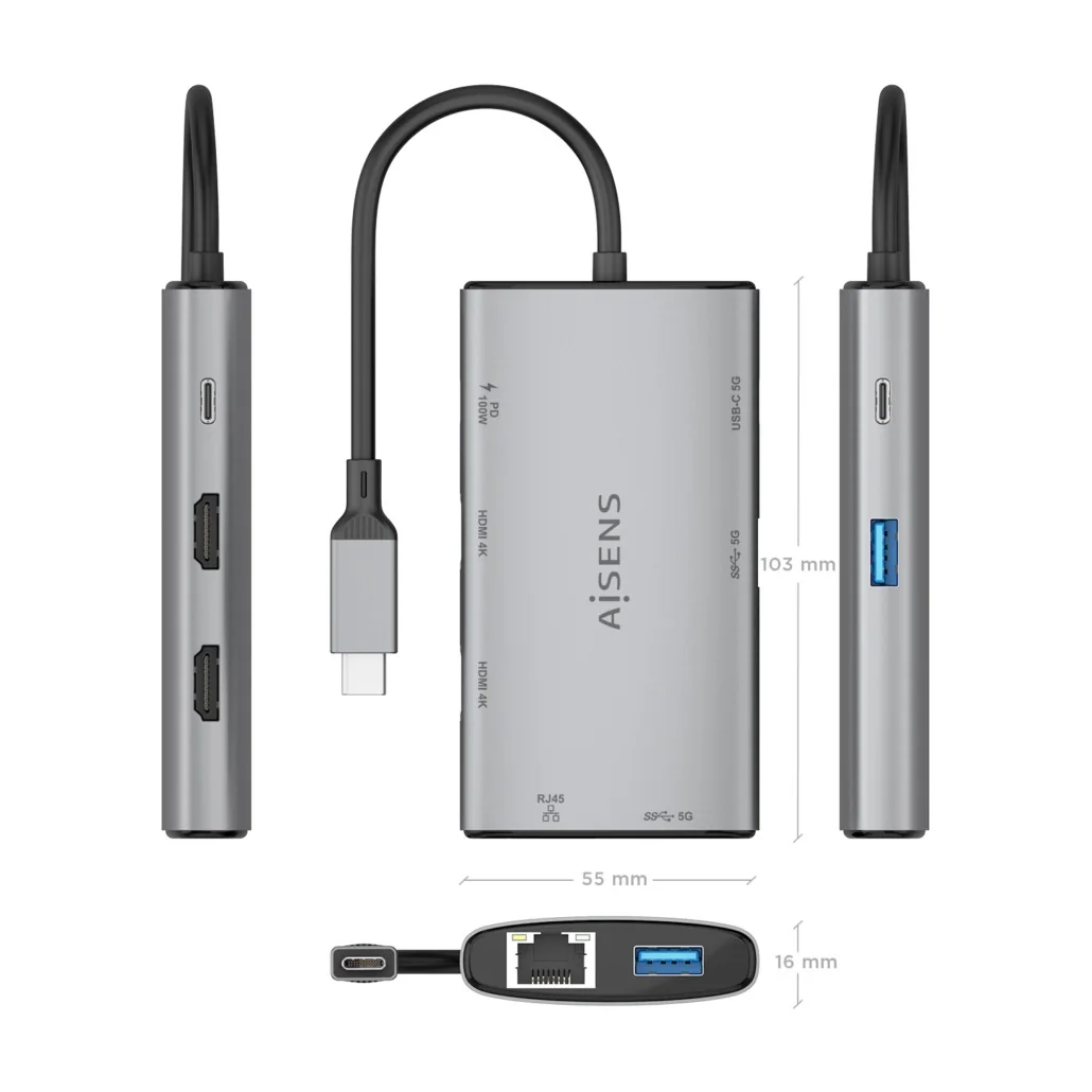 Docking Station Aisens ASUC-7P049-GR USB-C 7 em 1 2x HDMI 4K RJ45 USB 3.0 PD 100W Cinzento - Imagem 4