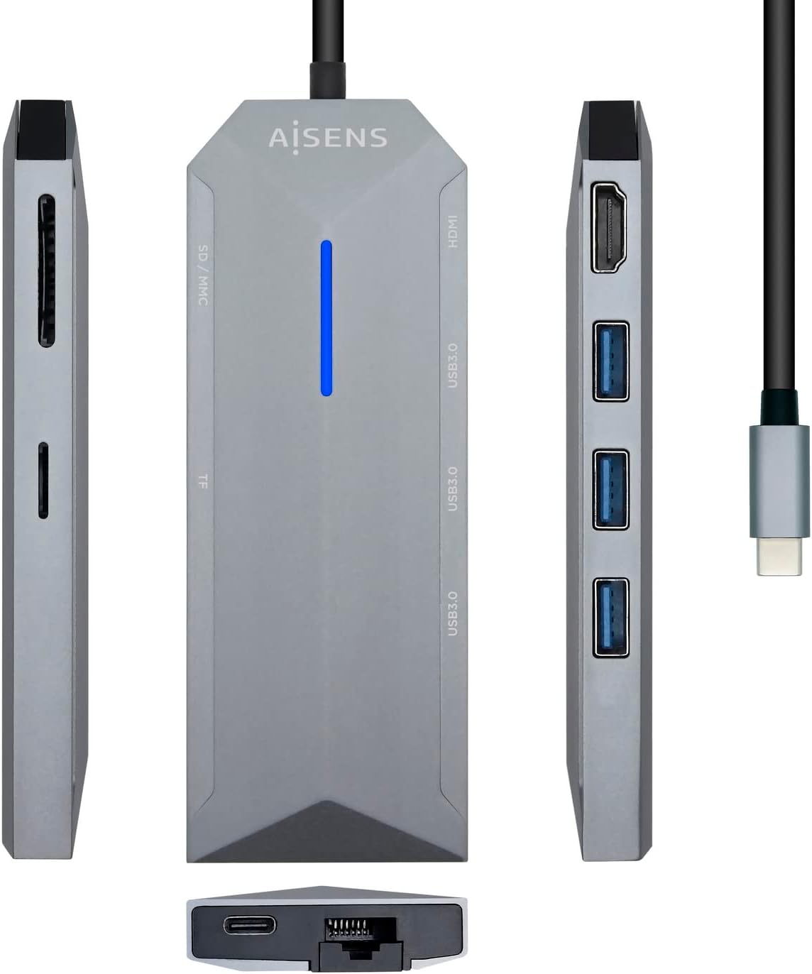 Docking USB Tipo-C Aisens ASUC-8P004-GR/ 1xHDMI 4K/ 3xUSB/ 1xRJ45/ 1xLeitor de Cartões / 1xUSB Tipo-C PD/ Cinzento