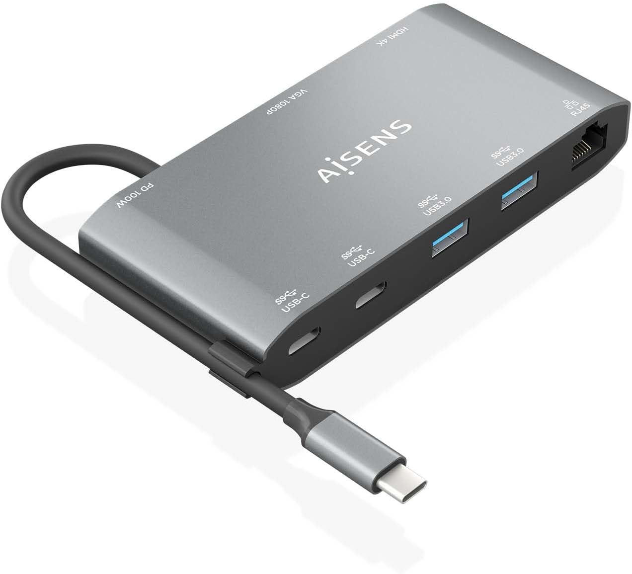 Docking USB Tipo-C Aisens ASUC-8P010-GR/ 1xHDMI 4K/ 1xVGA/ 2xUSB/ 1xRJ45/ 2xUSB Tipo-C/ 1xUSB Tipo-C PD/ Cinzento