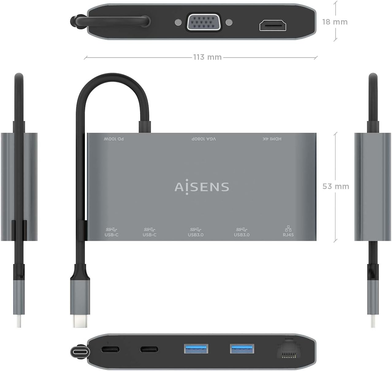 Docking USB Tipo-C Aisens ASUC-8P010-GR/ 1xHDMI 4K/ 1xVGA/ 2xUSB/ 1xRJ45/ 2xUSB Tipo-C/ 1xUSB Tipo-C PD/ Cinzento - Imagem 4