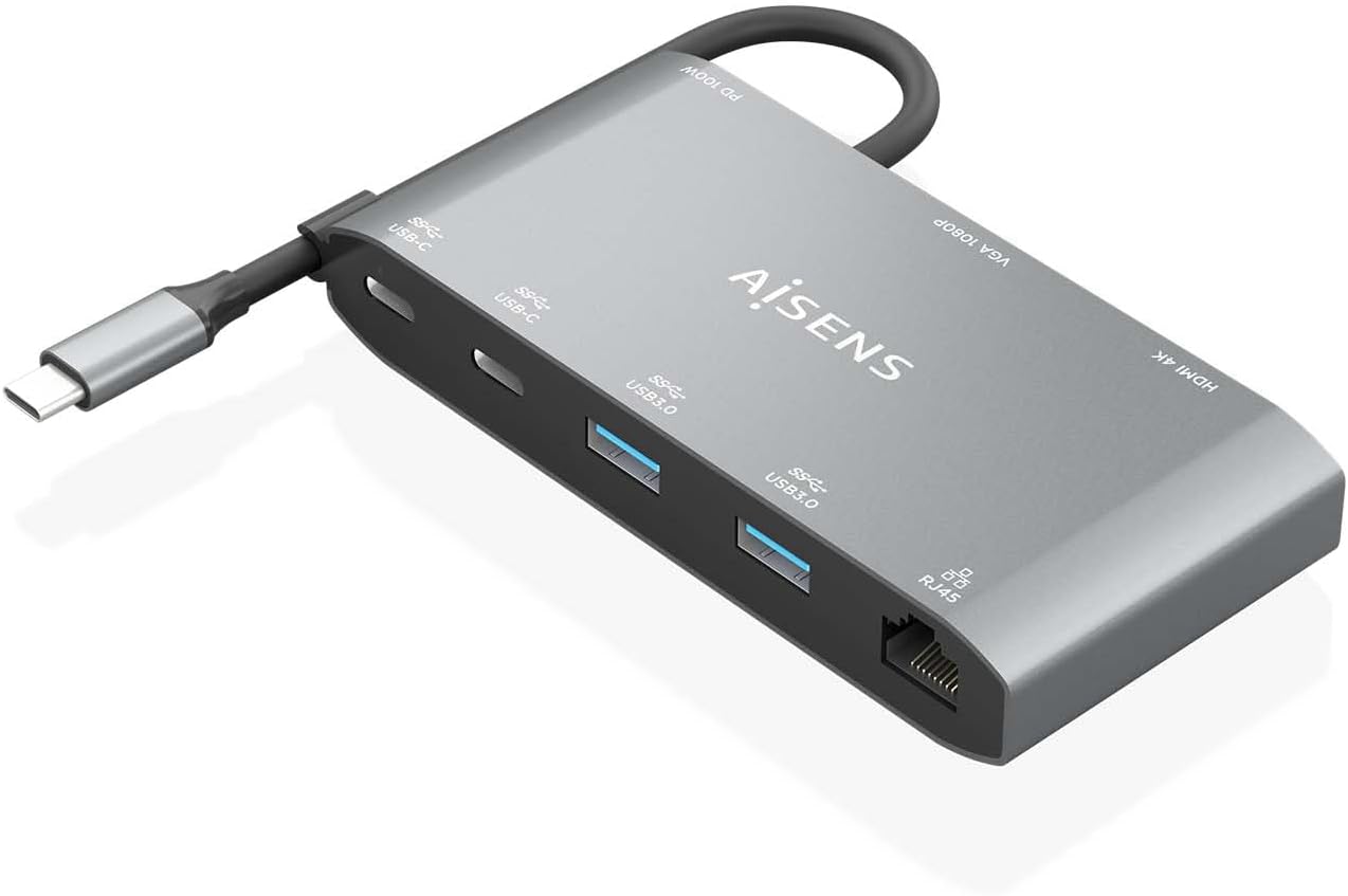 Docking USB Tipo-C Aisens ASUC-8P010-GR/ 1xHDMI 4K/ 1xVGA/ 2xUSB/ 1xRJ45/ 2xUSB Tipo-C/ 1xUSB Tipo-C PD/ Cinzento - Imagem 2