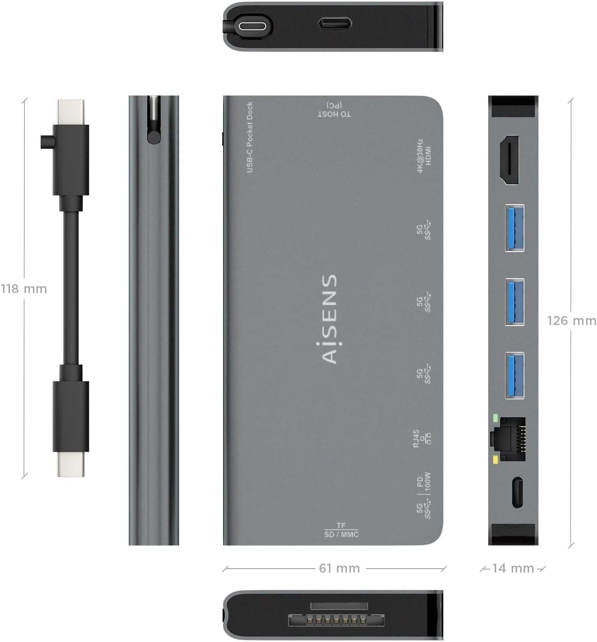 Docking USB Tipo-C Aisens ASUC-8P015-GR/ 1xHDMI 4K/ 3xUSB/ 1xRJ45/ 1xLeitor de Cartões / 1xUSB Tipo-C/ Cinzento - Imagem 4
