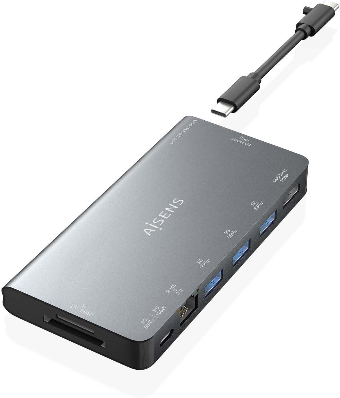 Docking USB Tipo-C Aisens ASUC-8P015-GR/ 1xHDMI 4K/ 3xUSB/ 1xRJ45/ 1xLeitor de Cartões / 1xUSB Tipo-C/ Cinzento