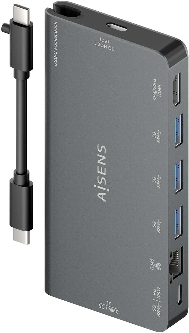 Docking USB Tipo-C Aisens ASUC-8P015-GR/ 1xHDMI 4K/ 3xUSB/ 1xRJ45/ 1xLeitor de Cartões / 1xUSB Tipo-C/ Cinzento - Imagem 3