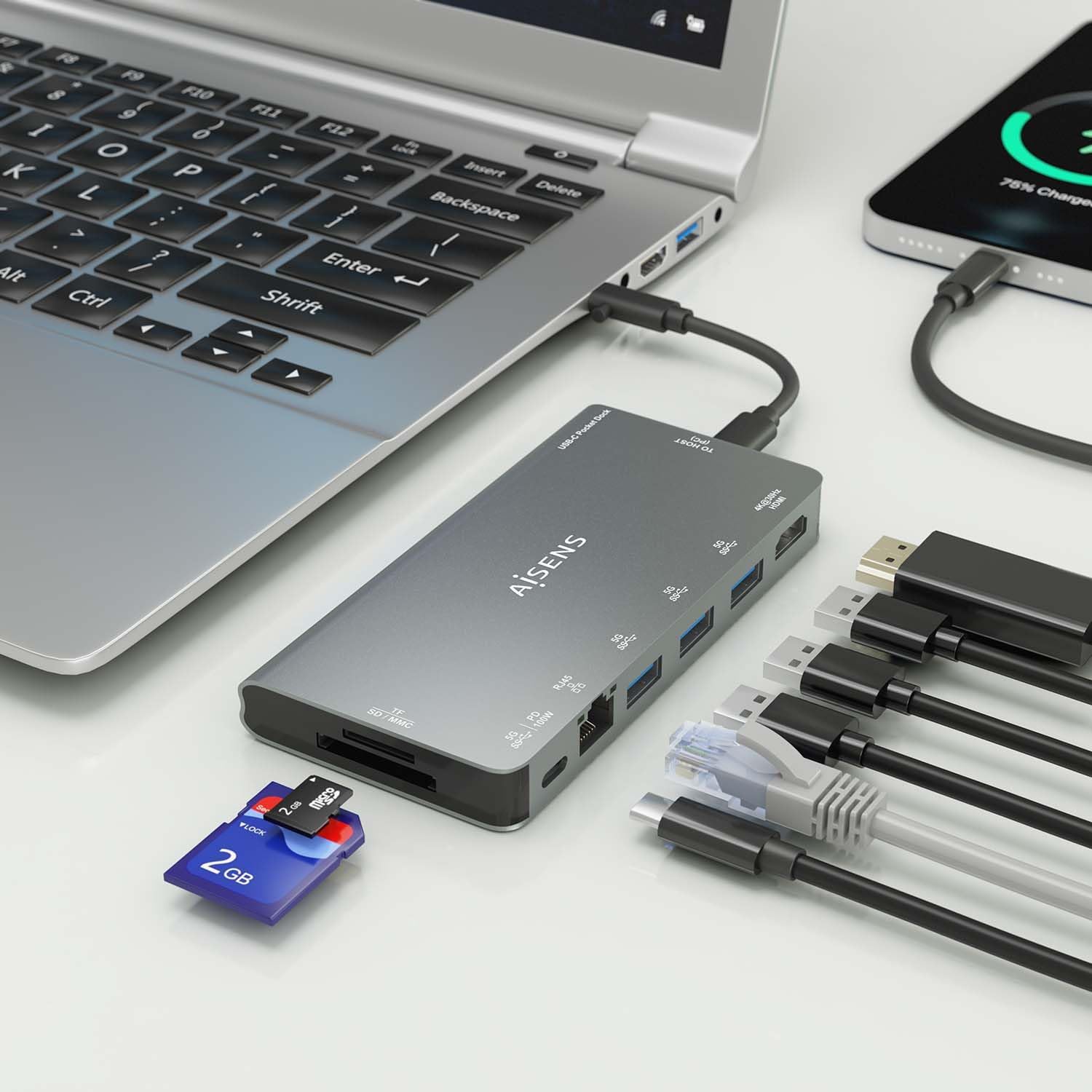 Docking USB Tipo-C Aisens ASUC-8P015-GR/ 1xHDMI 4K/ 3xUSB/ 1xRJ45/ 1xLeitor de Cartões / 1xUSB Tipo-C/ Cinzento - Imagem 5