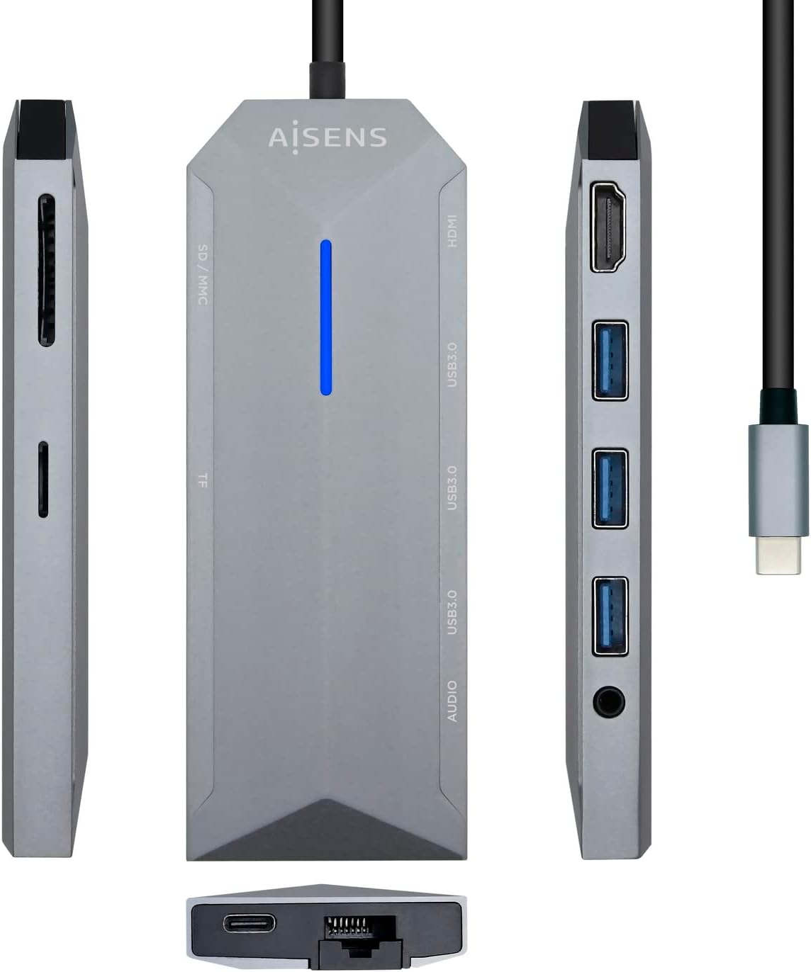 Docking USB Tipo-C Aisens ASUC-9P001-GR/ 1xHDMI 4K/ 3xUSB/ 1xRJ45/ 1xÁudio/ 1xLeitor de Cartões / 1xUSB Tipo-C PD/ Cinzento