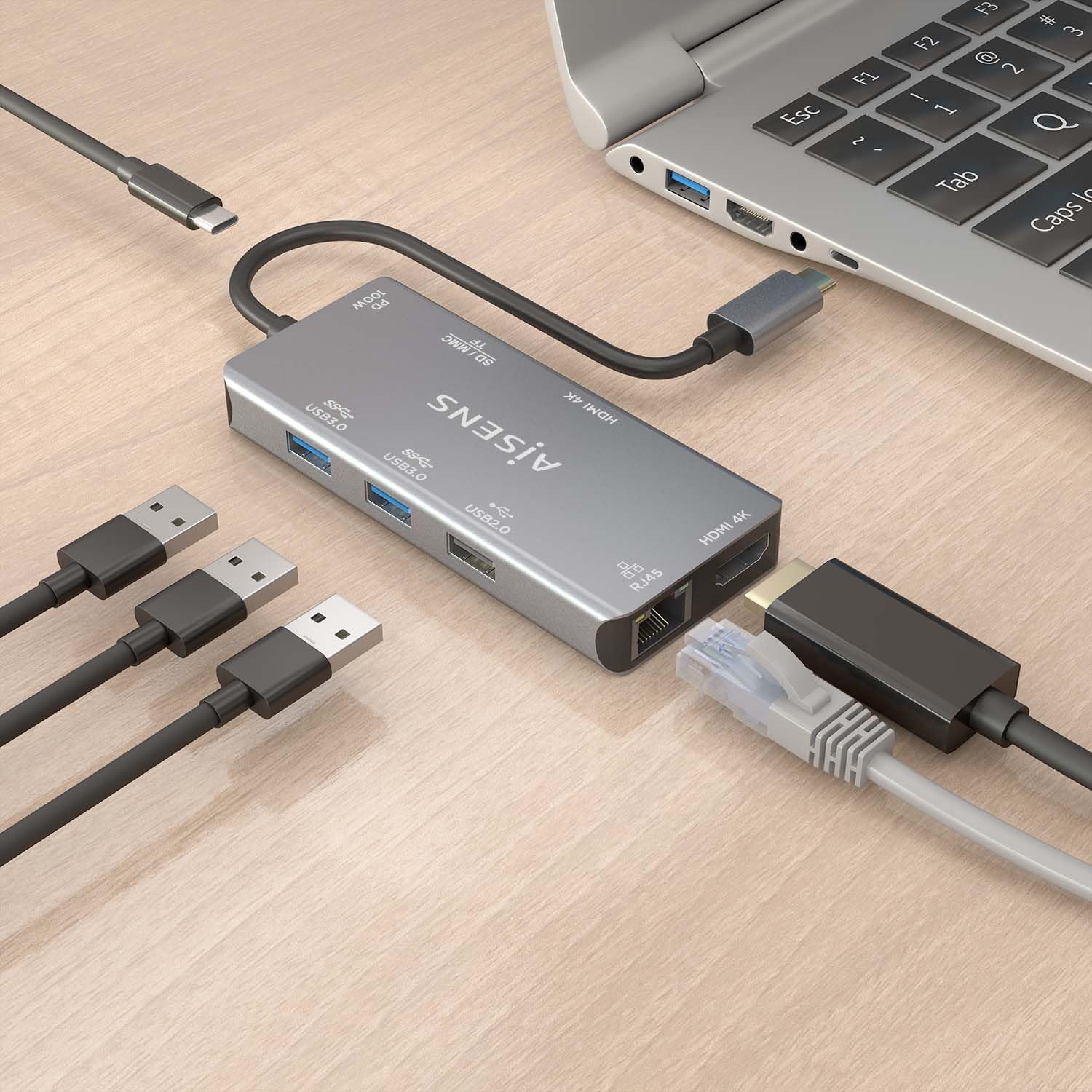 Docking USB Tipo-C Aisens ASUC-9P018-GR/ 2xHDMI 4K/ 3xUSB/ 1xRJ45/ 1xLeitor de Cartões/ 1xUSB Tipo-C PD/ Cinzento - Imagem 6