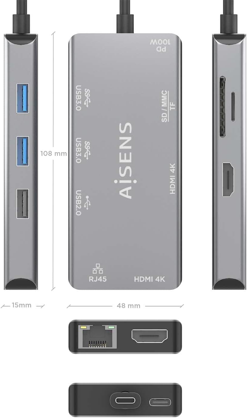 Docking USB Tipo-C Aisens ASUC-9P018-GR/ 2xHDMI 4K/ 3xUSB/ 1xRJ45/ 1xLeitor de Cartões/ 1xUSB Tipo-C PD/ Cinzento - Imagem 4