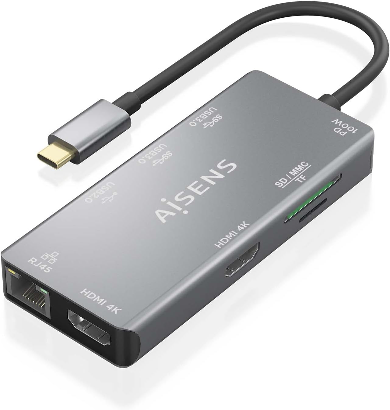 Docking USB Tipo-C Aisens ASUC-9P018-GR/ 2xHDMI 4K/ 3xUSB/ 1xRJ45/ 1xLeitor de Cartões/ 1xUSB Tipo-C PD/ Cinzento