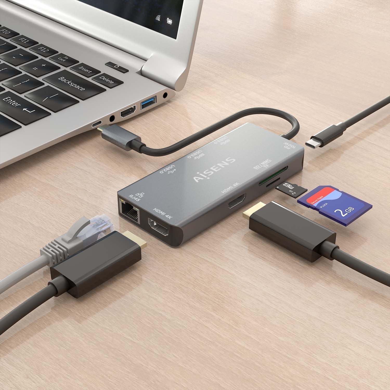 Docking USB Tipo-C Aisens ASUC-9P018-GR/ 2xHDMI 4K/ 3xUSB/ 1xRJ45/ 1xLeitor de Cartões/ 1xUSB Tipo-C PD/ Cinzento - Imagem 5