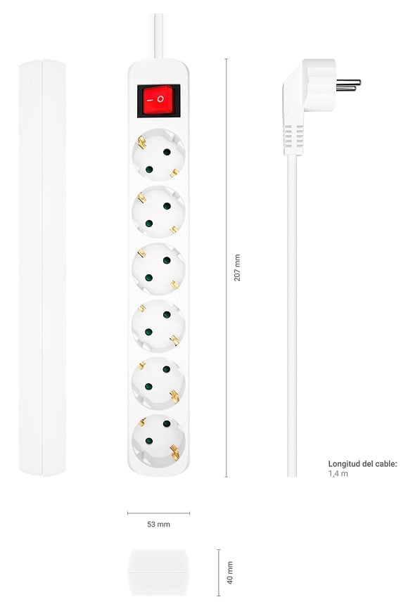 Régua de Extensão com Interruptor Aisens A154-0535/ 6 Tomadas de Corrente/ Cabo 1.4m/ Branco - Imagem 3