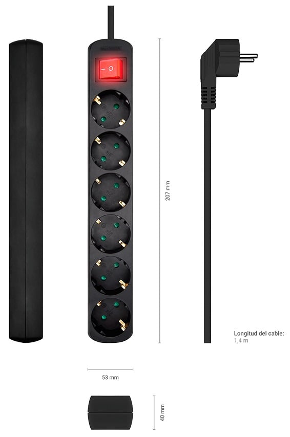 Régua de Extensão com Interruptor Aisens A154-0536/ 6 Tomadas/ Cabo 1.4m/ Preto - Imagem 3