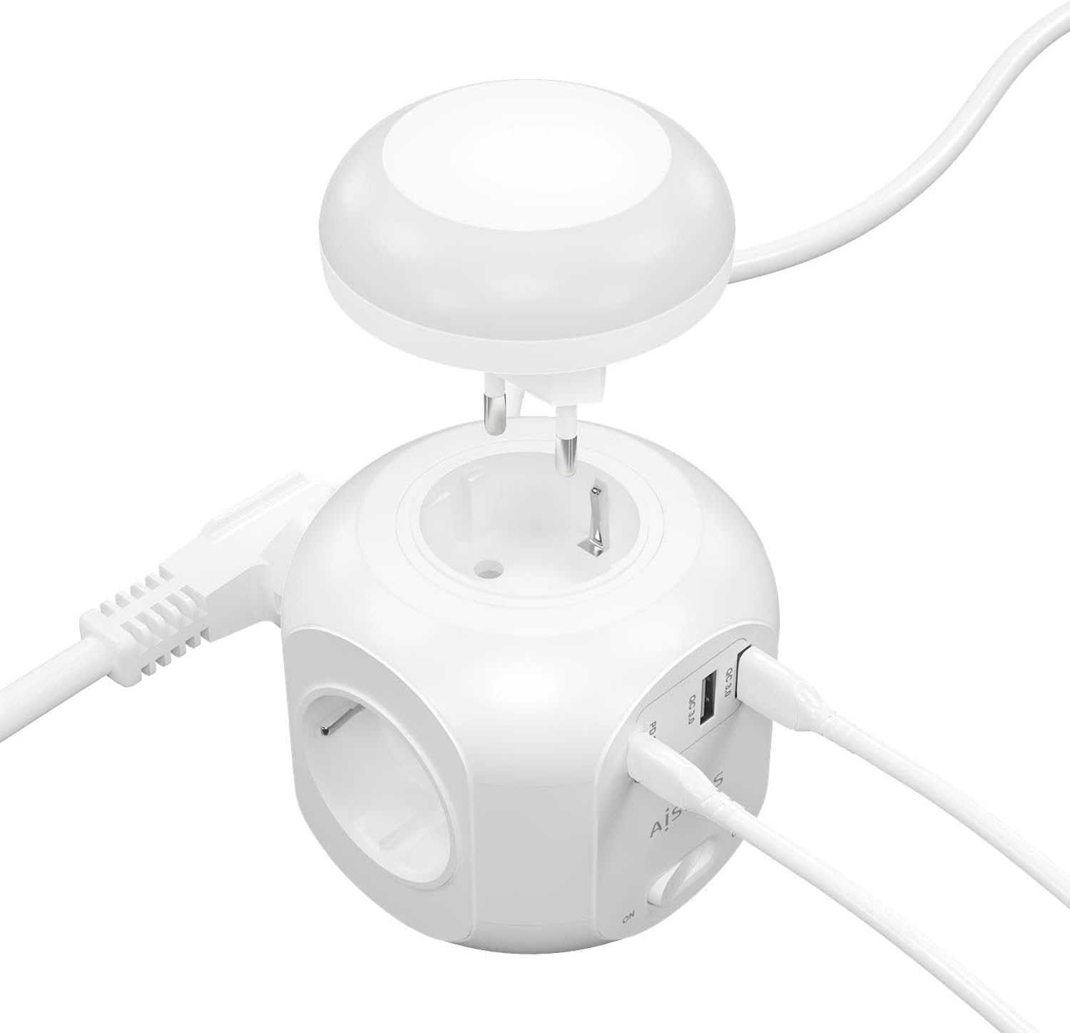 Régua com Interruptor e Luz Noturna Aisens ASPS-2A1CLPQ02-W/ 4 Tomadas de Corrente/ 1 USB Tipo-C PD/ 2 USB/ Cabo 1.8m/ Branco - Imagem 3