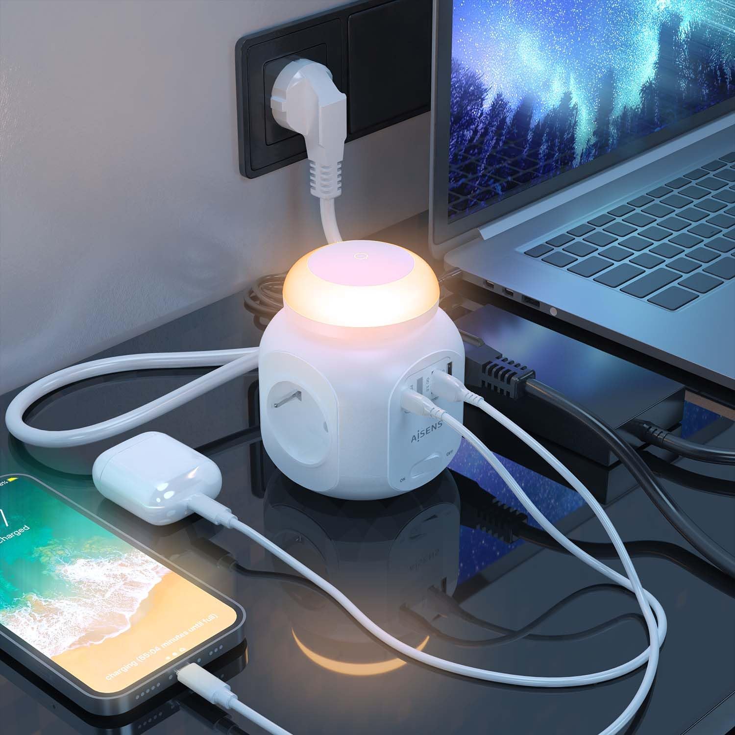 Régua com Interruptor e Luz Noturna Aisens ASPS-2A1CLPQ02-W/ 4 Tomadas de Corrente/ 1 USB Tipo-C PD/ 2 USB/ Cabo 1.8m/ Branco - Imagem 5
