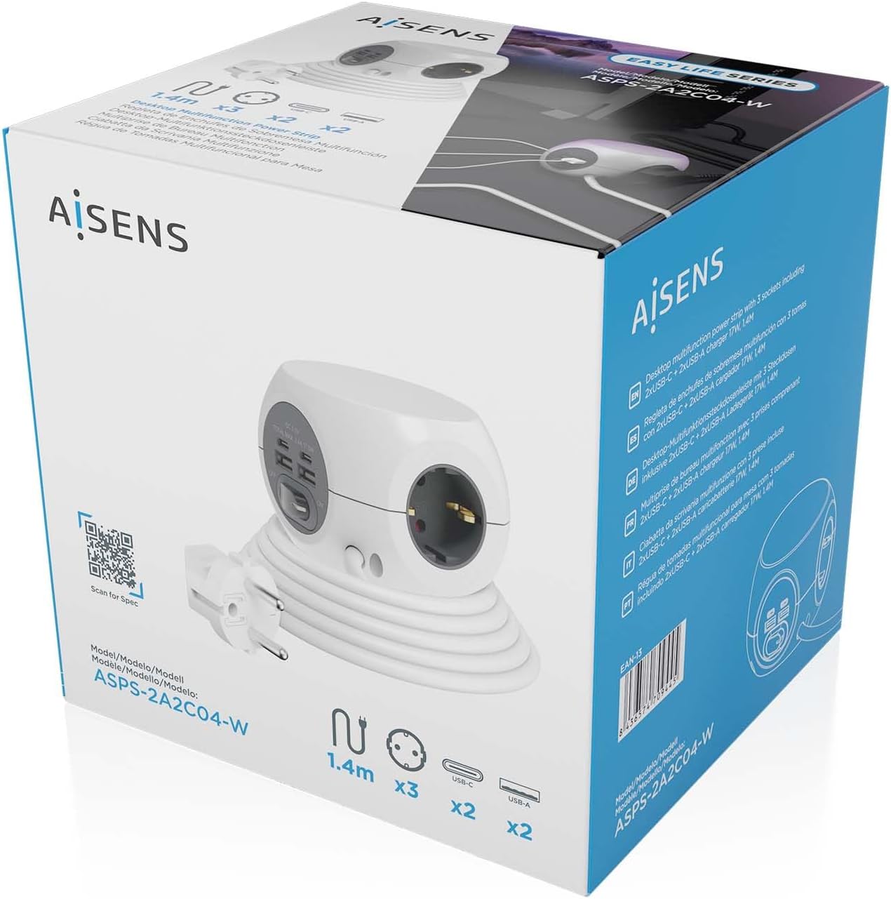 Régua com Interruptor Aisens ASPS-2A2C04-W/ 3 Tomadas de Corrente/ 2 USB Tipo-C/ 2 USB/ Cabo 1.4m/ Branco - Imagem 7