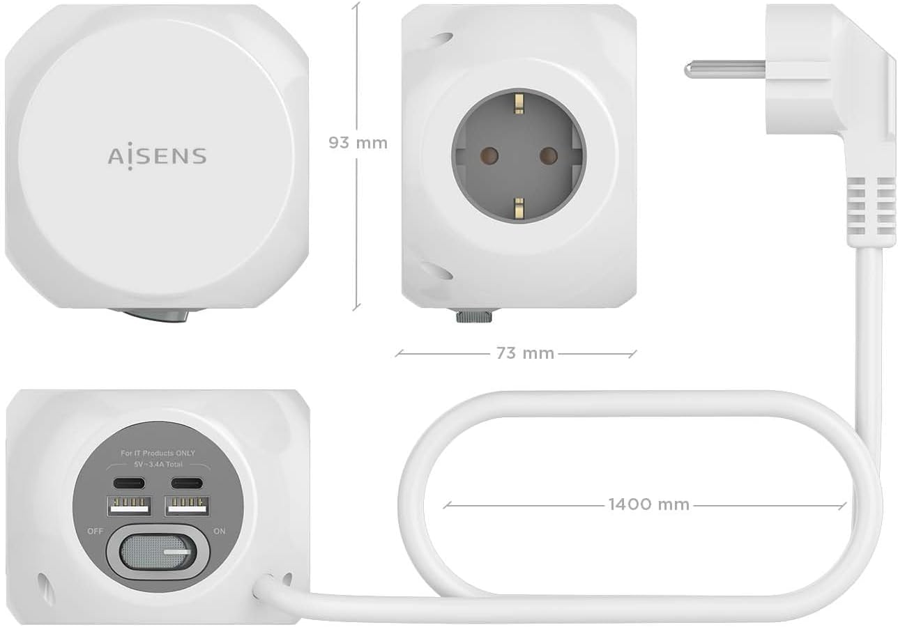 Régua com Interruptor Aisens ASPS-2A2C04-W/ 3 Tomadas de Corrente/ 2 USB Tipo-C/ 2 USB/ Cabo 1.4m/ Branco - Imagem 4