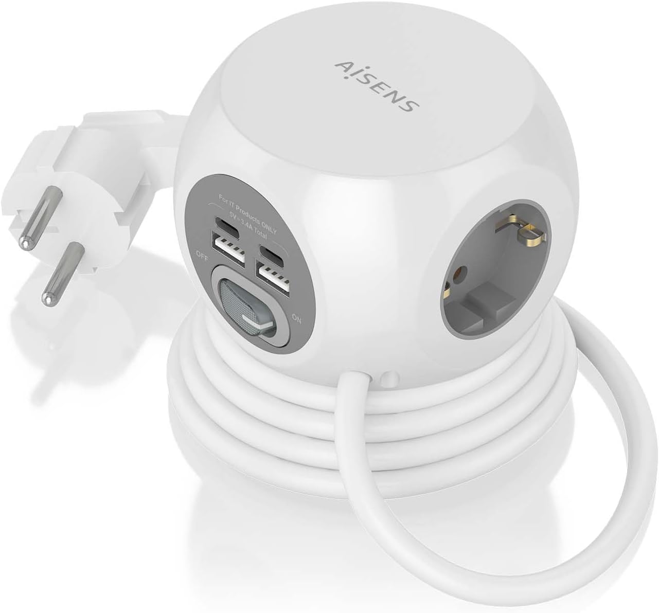 Régua com Interruptor Aisens ASPS-2A2C04-W/ 3 Tomadas de Corrente/ 2 USB Tipo-C/ 2 USB/ Cabo 1.4m/ Branco - Imagem 2