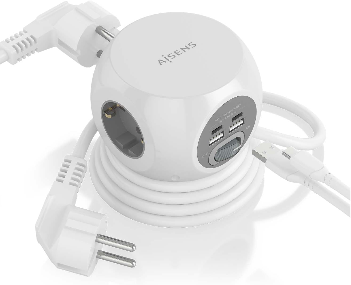 Régua com Interruptor Aisens ASPS-2A2C04-W/ 3 Tomadas de Corrente/ 2 USB Tipo-C/ 2 USB/ Cabo 1.4m/ Branco - Imagem 3